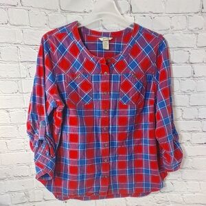 Duluth Trading Co. Womens XXL Plaid Flannel Collarless Round Neck RollTab Sleeve